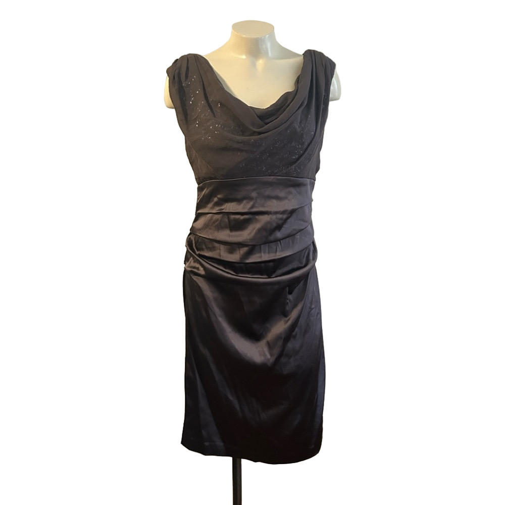 Suzi Chin for Maggy Boutique Gray Ruched Cowl Neck Sheath brown Dress Sz 8 MWT